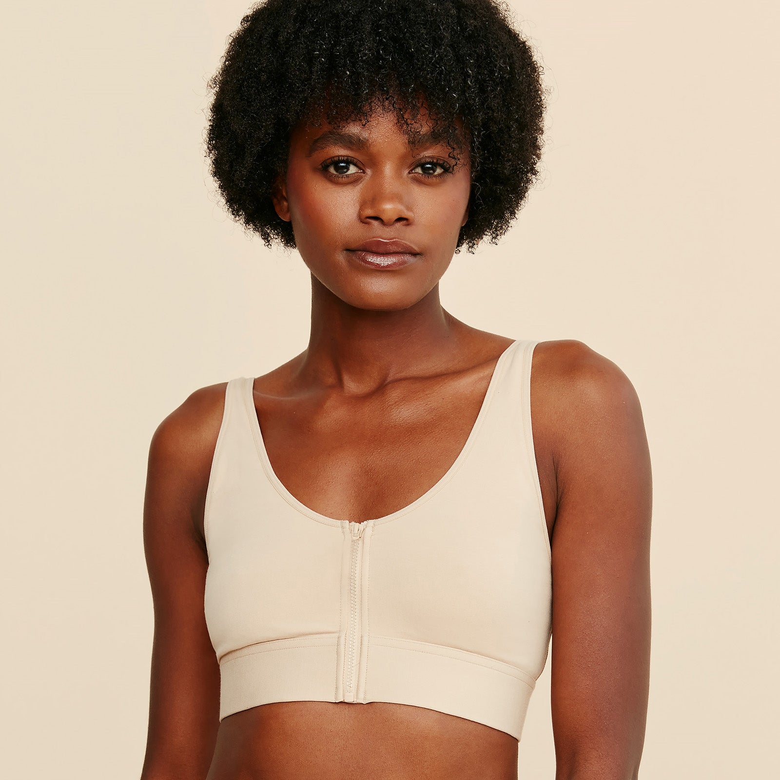 Frontal Image of Front Closure Soft Mastectomy Bra in Buff
